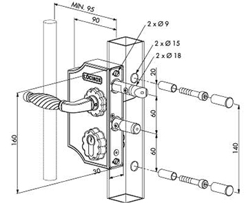 Locinox Gate lock showing dimensions LARQ4040H2LZILVGSZFA
