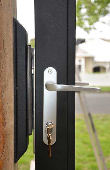 m-metal lock fitted into a black gate frame